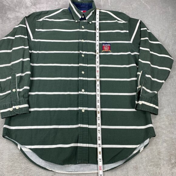 VTG 90s Tommy Hilfiger Shirt Mens Medium Green Striped Embroidered Button Down - Picture 4 of 11